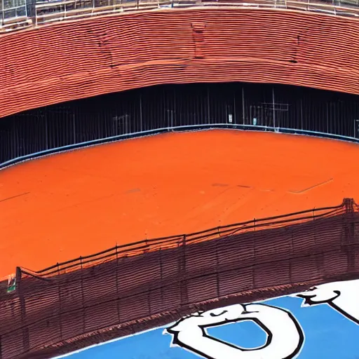 Prompt: bull wearing orange inmate clothes in a bullring stadium