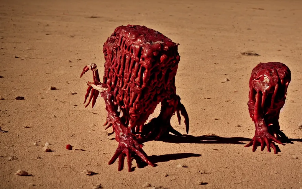 Image similar to in the desert a bloody gross horrifying The Thing creature made of muscle and bone and blood stares at the camera, eating, it walks on two legs, mid day, 35mm photography, realistic,