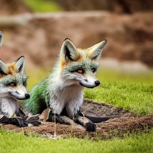 Image similar to A real photo of a smiling green fox giving birth to three youngsters, hyperrealistic