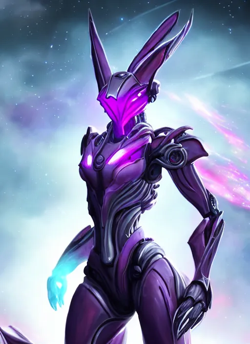 Image similar to cinematic goddess close shot, galactic sized proportional stunning beautiful hot female warframe, sleek mecha female dragon head, metal ears, led purple eyes, smooth fuschia skin, smooth silver armor, floating in space, holding a galaxy, epic proportions, epic size, epic scale, furry art, dragon art, giantess art, warframe fanart, furaffinity, octane