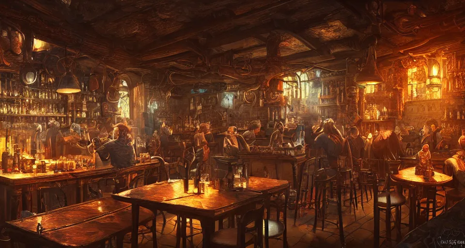 Image similar to alchemy tavern, hyperdetailed, artstation, cgsociety, golden hour 8 k
