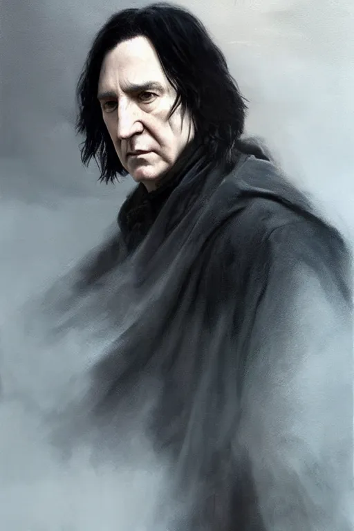 Prompt: breathtaking detailed painting of severus snape with long cloak, by ruan jia, intricate cloak of mists at dawn, piercing eyes, detailed realistic facial features, 8 k, concept art, matte, sharp focus, rembrandt style