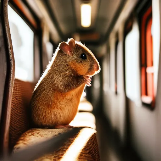 Image similar to photo of a train interior, a brown hamster is sitting on a seat, various poses, unedited, soft light, sharp focus, 8 k