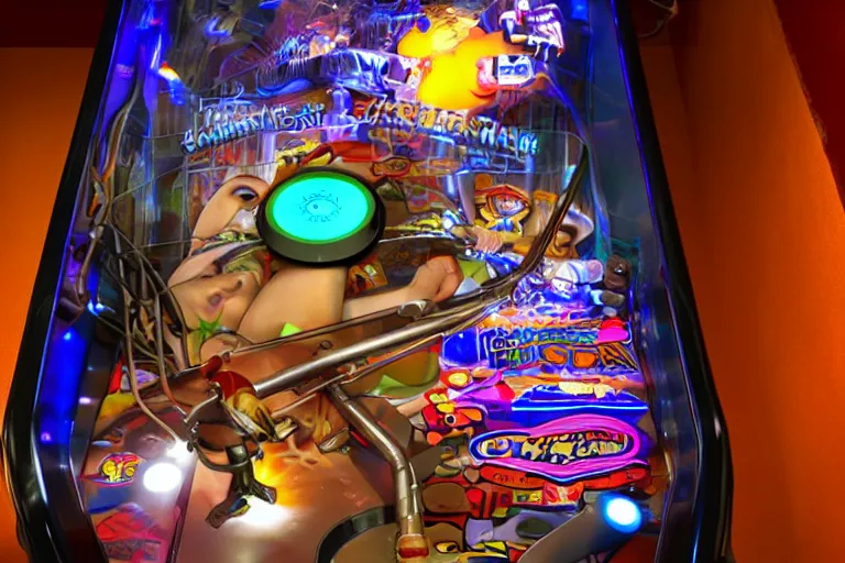 Image similar to Mechanical woman in labor Pinball Machine, dynamic lighting