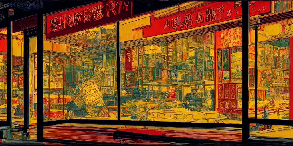 Image similar to s shop window in hong kong, by dan mumford and peter doig and edward hopper, heavy black lines, highly detailed, dramatic lighting, 8 k