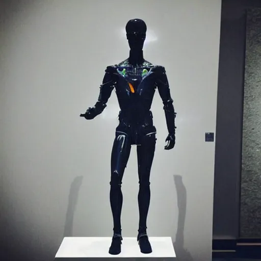 Image similar to “a realistic detailed photo of a guy who is an attractive humanoid who is half robot and half humanoid, who is a male android, actor Grant Gustin, shiny skin, posing like a statue, blank stare, at the museum, on display”