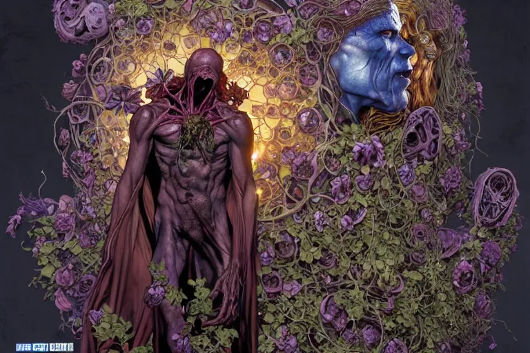 Image similar to the platonic ideal of flowers, rotting, insects and praying of cletus kasady ultimate carnage thanos dementor doctor manhattan chtulu nazgul davinci, detailed, intricate, hyperrealism, intense, scary, decay, dmt, art by brock hofer and artgerm and greg rutkowski and alphonse mucha