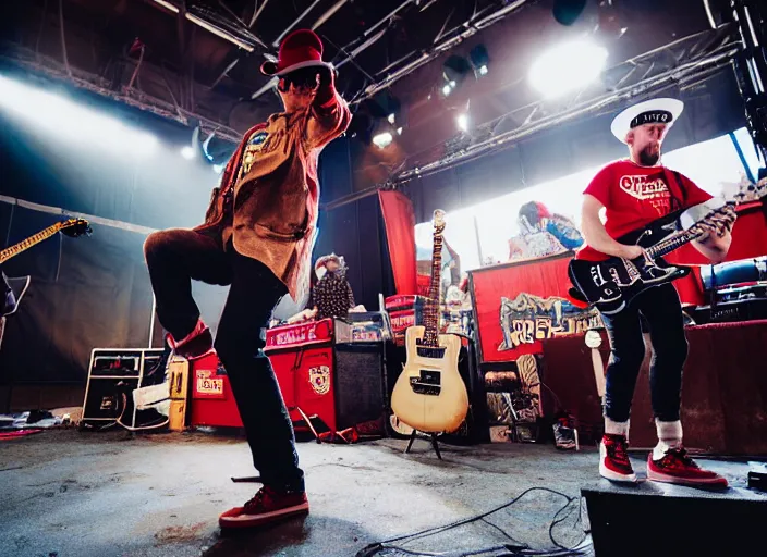 Prompt: photo still of mcgruff the crime dog on stage at vans warped tour!!!!!!!! at age 3 3 years old 3 3 years of age!!!!!!!! shredding on guitar, 8 k, 8 5 mm f 1. 8, studio lighting, rim light, right side key light