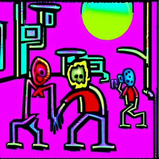 Prompt: surreal neon comic bright colored horror artwork made in Kid Pix