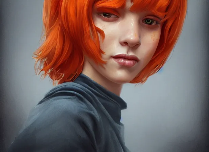 Prompt: portrait Girl with orange hair and freckles, cute-fine-face, pretty face, realistic shaded Perfect face, fine details. realistic shaded lighting by Daniela Uhlig