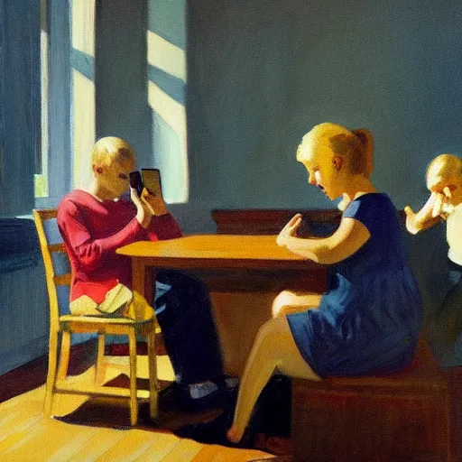 Image similar to a painting of a family sitting at home scrolling on their smartphones in the style of edward hopper