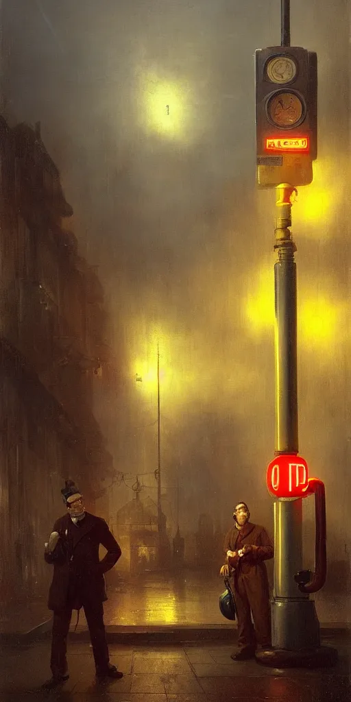 Image similar to a gas station in 1 9 4 0 with yellow and red light in the middle of the night, a men stand up next to the pump, mystical blue fog, oil on canvas, art by andreas achenbach, clemens ascher, tom bagshaw and sabbas apterus,