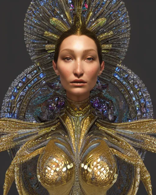 Prompt: a highly detailed metahuman 4 k close up render of an alien goddess bella hadid monument seraphim in iris van herpen dress schiaparelli in diamonds crystals swarovski and jewelry iridescent in style of alphonse mucha gustav klimt trending on artstation made in unreal engine 4