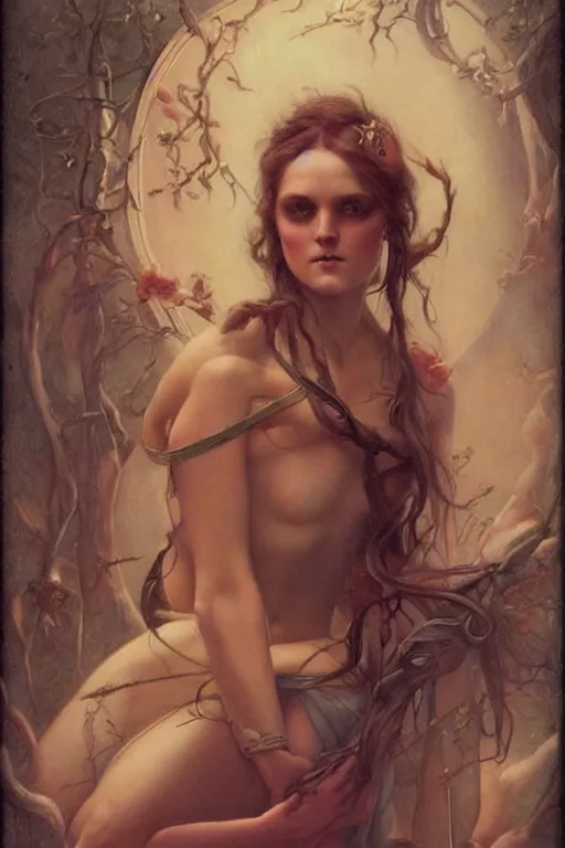 Image similar to Tove Lo by Tom Bagshaw in the style of Gaston Bussière, art nouveau