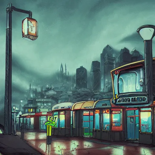 Prompt: dark city bus stop, spongebob background art, very detailed,ArtStation