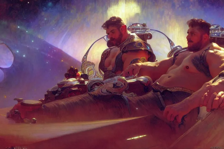 Image similar to beefy attractive men in spaceship, painting by gaston bussiere, craig mullins, greg rutkowski, alphonse mucha