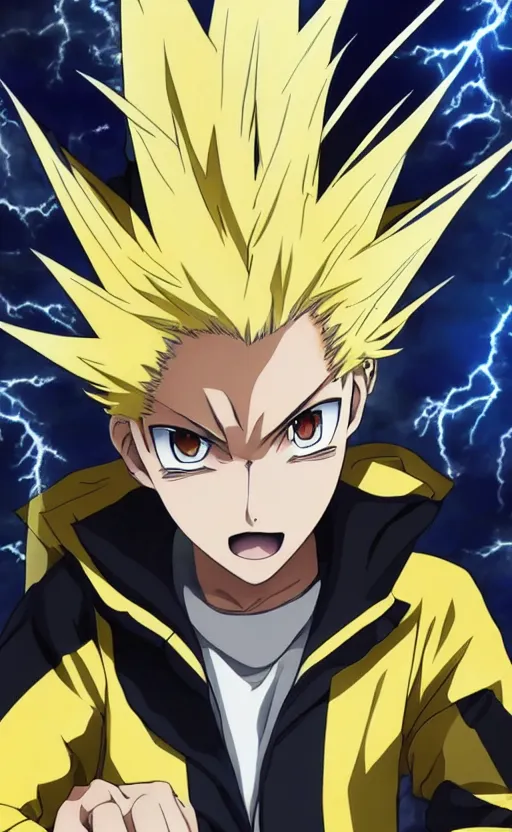 Image similar to Anime key visual of a young boy with spikey yellow hair and lightning powers, Illustrated by Kohei Horikoshi, high quality face, detailed eyes, big eyes, official media, 8k, anime, detailed, HD