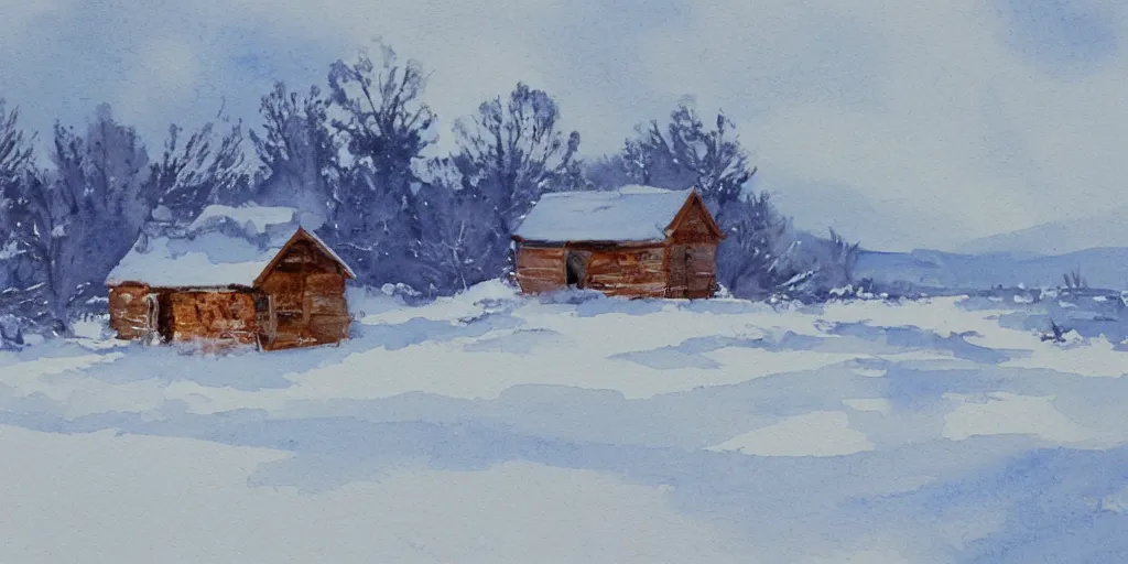 a watercolor painting of a cabin in a snowy landscape Stable