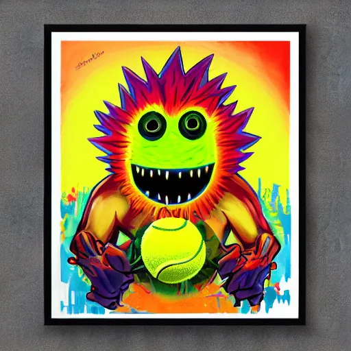 Image similar to a tennis ball monsters ,tennis ball, colorful, digital art, fantasy, magic, trending on artstation, ultra detailed, professional illustration poster by Basil Gogos