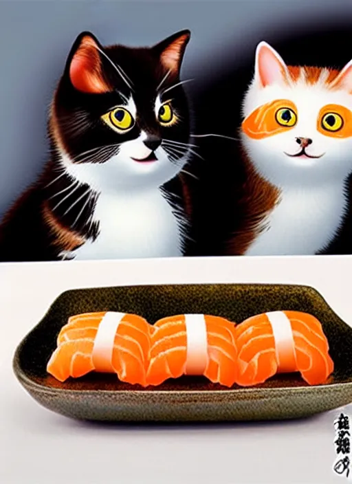 Image similar to clear photorealistic picture of adorable cats made out of sushi