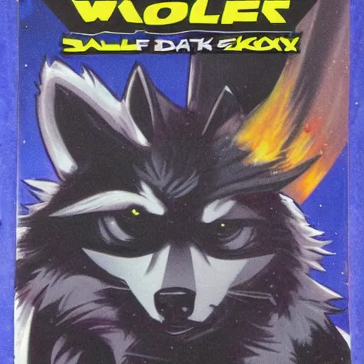 Image similar to 1 9 8 0 s video game art of anthropomorphic wolf o'donnell from starfox fursona furry wolf in a dark space mercenary uniform, looking heroic, magazine scan, 8 0 s game box art, dark grey wolf o'donnell