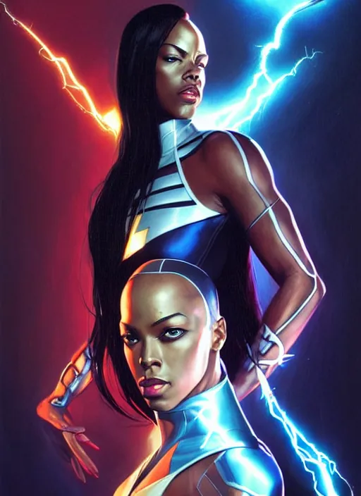 Image similar to portrait of marvel cinematic universe aaliyah haughton, x - men, storm, elegant, electricity archs, lightning strikes, rippling electromagnetic, highly detailed, digital painting, artstation, glamor pose, concept art, smooth, sharp focus, illustration, art by artgerm and greg rutkowski, artey freytag