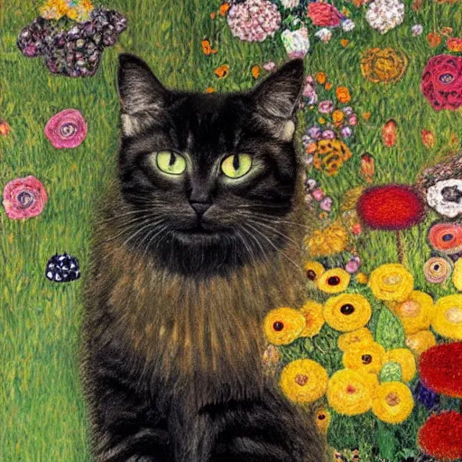 Prompt: portrait of a very fluffy dark tabby cat with green eyes eating cat food, happy cat, full body, smiling cat, golden colors, flowers, intricate, elegant, highly detailed, smooth, sharp focus, illustration, art by gustav klimt
