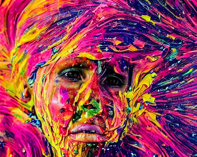 Prompt: still shot close up footage of the portrait of a female head exploding and disintegrating into acrylic pour and splashing paint and dripping paint, painful emotions, motion blur, hyperrealistic, medical, intricate art photography, anatomically correct, realistic crisp textures, 1 6 k