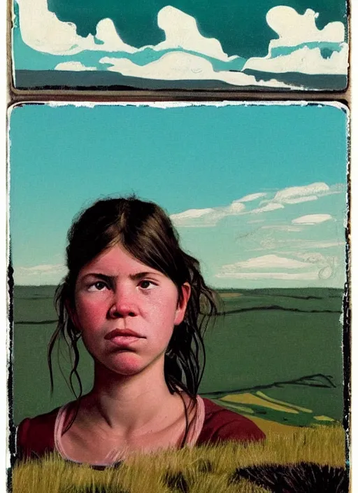 Image similar to composition by justine kurland, an extreme up - close portrait of a girl looking slightly down to the rigjt in a scenic representation of mother nature and the meaning of life by billy childish, thick visible brush strokes, shadowy landscape painting in the background by beal gifford, vintage postcard illustration, minimalist cover art by mitchell hooks