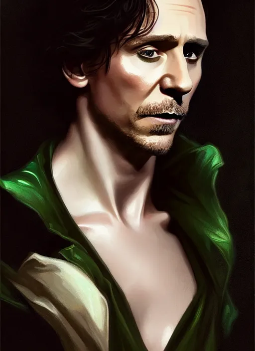 Image similar to portrait of tom hiddleston as a sultry vampire lord, damon salvatore, jewelry, greek, emerald, intricate, headshot, highly detailed, digital painting, artstation, concept art, sharp focus, cinematic lighting, illustration, art by artgerm and greg rutkowski, alphonse mucha, cgsociety