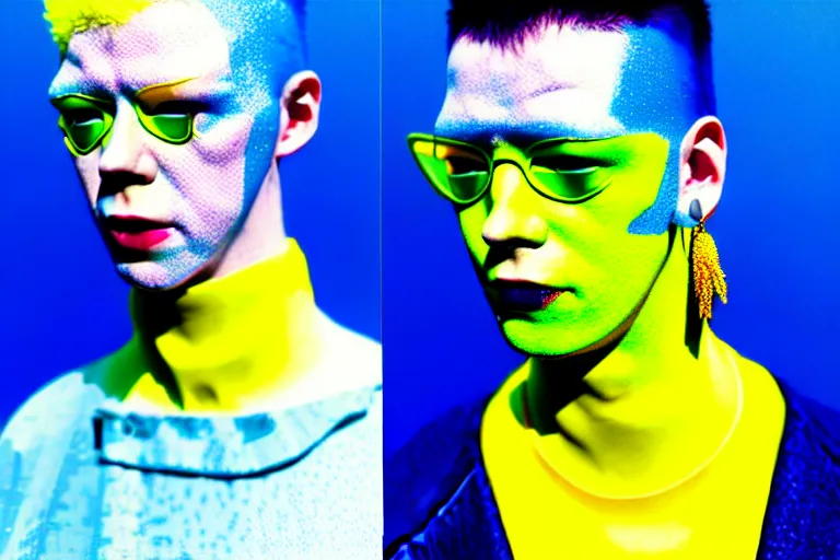 Image similar to a close - up risograph of cyberpunk albinism model men wearing lots of transparent and cellophane accessories, yellow colors, huge earrings and queer make up, blue hour, twilight, cool, portrait, crispy, full - shot, blue sky, kodachrome, photo by mayumi hosokura, style by moebius