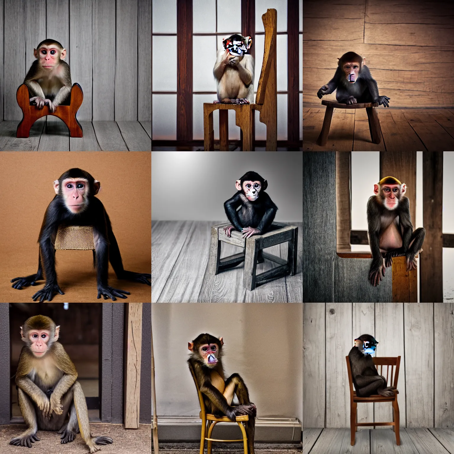 Prompt: monkey sitting in a wooden chair in the backrooms ,8k, 4k, professional photography, award winning photo