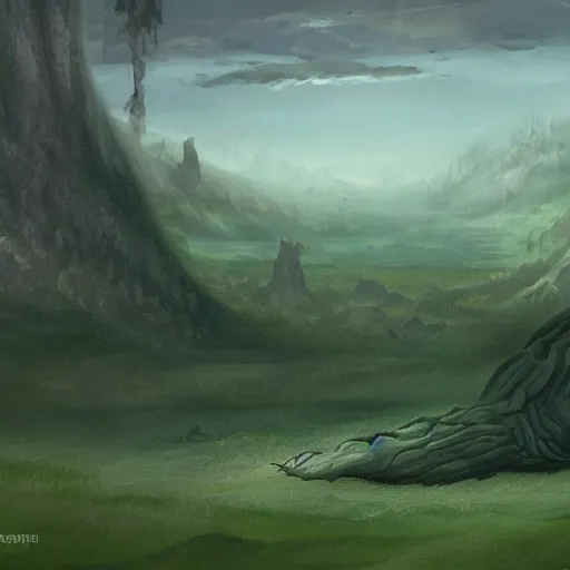 Prompt: the remains of a dead giant laying across a valley, concept art, natural, plains, green overgrown, fantastical