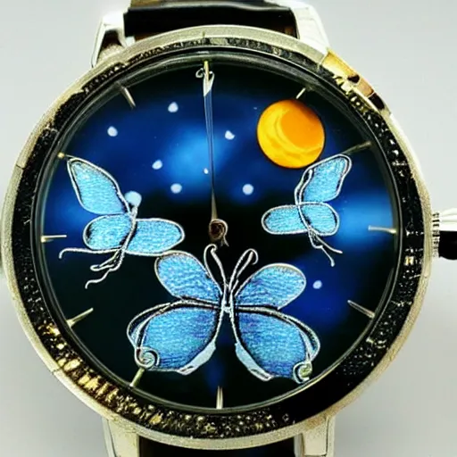 Prompt: astronomical watch with many smaller watch faces made of blue butterfly wing, y 2 k style early 2 0 0 0 s