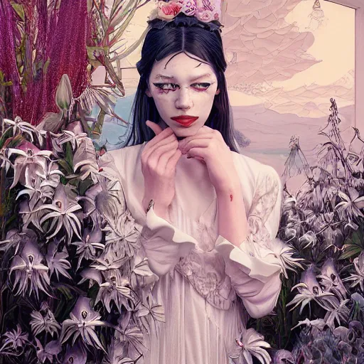 Prompt: pretty model with white wolf, white lilies : : by martine johanna and simon stalenhag and chie yoshii and casey weldon and wlop : : ornate, dynamic, particulate, rich colors, intricate, elegant, highly detailed, vogue, wolf, harper's bazaar art, fashion magazine, smooth, sharp focus, 8 k, octane render