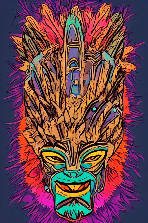 Prompt: totem animal mask tribal feather gemstone plant wood rock shaman vodoo video game vector cutout illustration vivid color borderlands comics by josan gonzales and dan mumford radiating a glowing aura