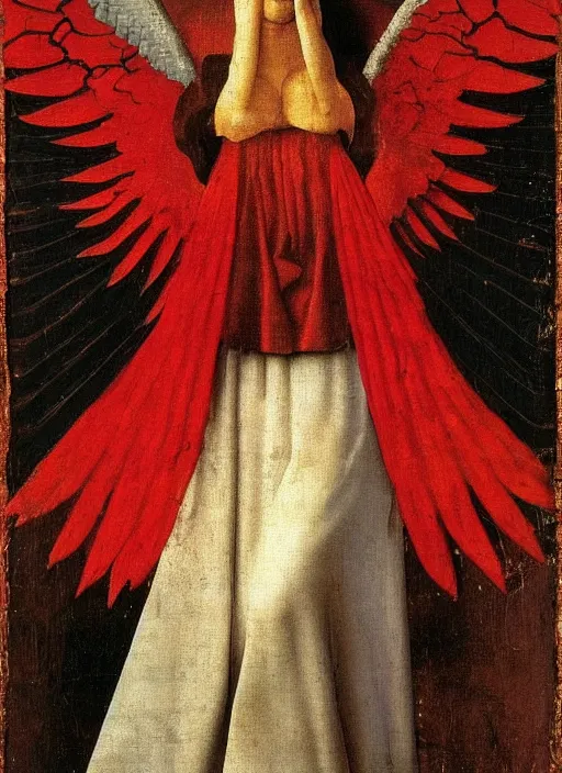 Image similar to Flying Fallen Angel with wings dressed in red, Medieval painting by Jan van Eyck, Johannes Vermeer, Florence