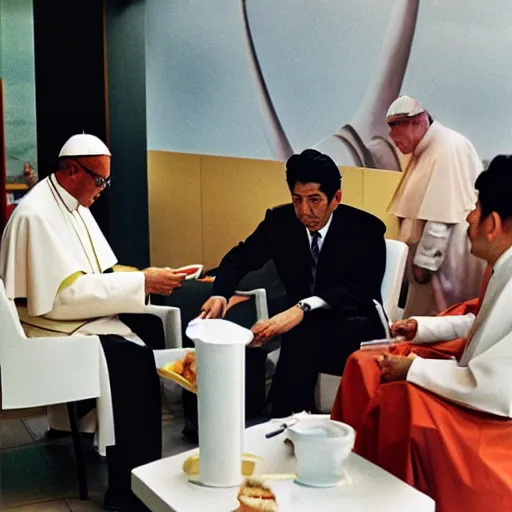 Prompt: big smoke from gta eating mc donalds with the pope and shinzo abe, photo by slim aarons, award winning