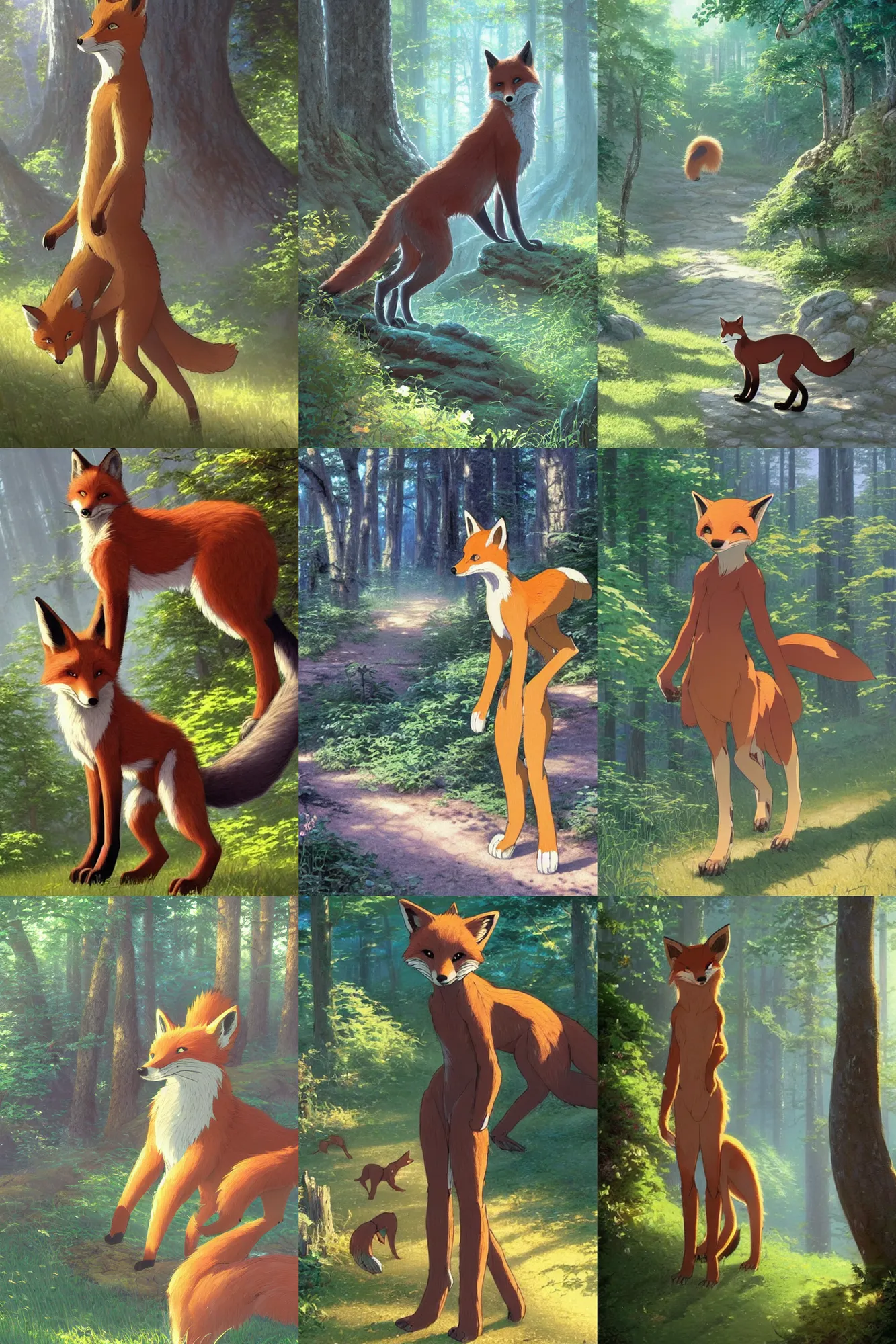 Prompt: anthro!!!! digitigrade!!!! natural!!!! - colored!!!! fox person!!!! with black paws and long tail, walking upright in a forest, ( ( thomas kinkade ) ), ( ( makoto shinkai ) )