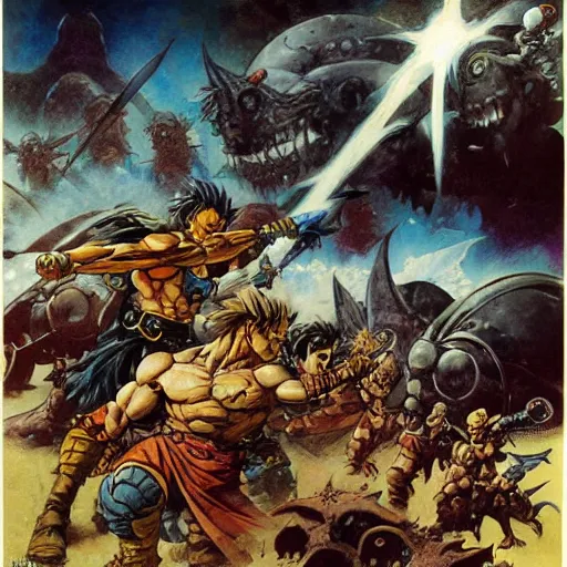 Image similar to chrono trigger battle with lavos by frank frazetta