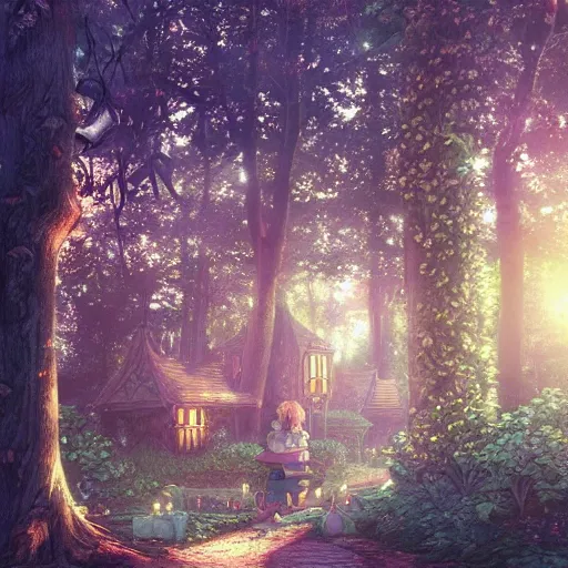 Image similar to the aesthetic view of the beautiful, grand, wistful, dreamy hidden forest at dusk, hyperrealistic anime illustration by iralki nadar, colorful, extremely detailed, intricate linework, super sharp focus, bright colors, octopath traveler, studio ghibli, unreal engine 5 highly rendered, global illumination, radiant light, detailed and intricate environment