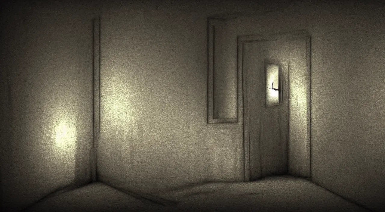 Image similar to Creepy room at night, the creature is barely visible in the top right corner. Nervous anxiety overwhelming nightmare. Photorealistic