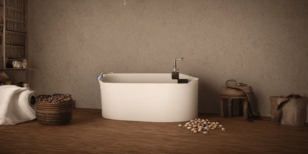 Image similar to Bathtub full of coffee beans, unreal 5, hyperrealistic, realistic, photorealistic, dynamic lighting, highly detailed, cinematic landscape, studio landscape, studio lighting