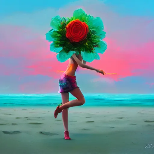 Image similar to portrait, giant rose flower head, girl dancing at the beach, surreal photography, sunrise, blue sky, dramatic light, impressionist painting, digital painting, artstation, simon stalenhag