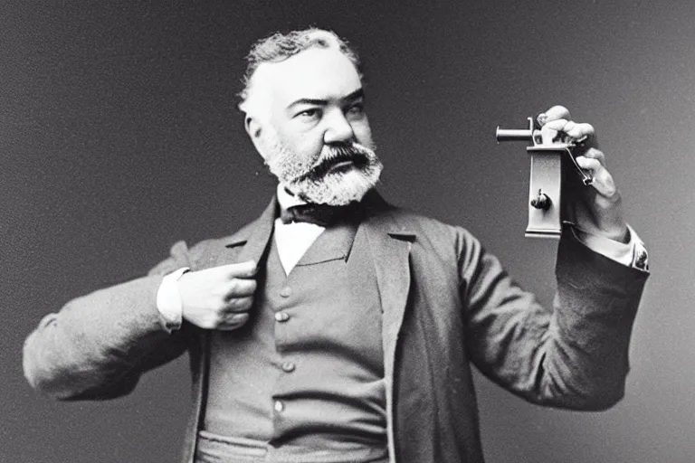 Prompt: still photo of alexander graham bell inventing the telephone, highly detailed, photorealistic shot, bright studio setting, studio lighting, crisp quality and light reflections, unreal engine 5 quality render
