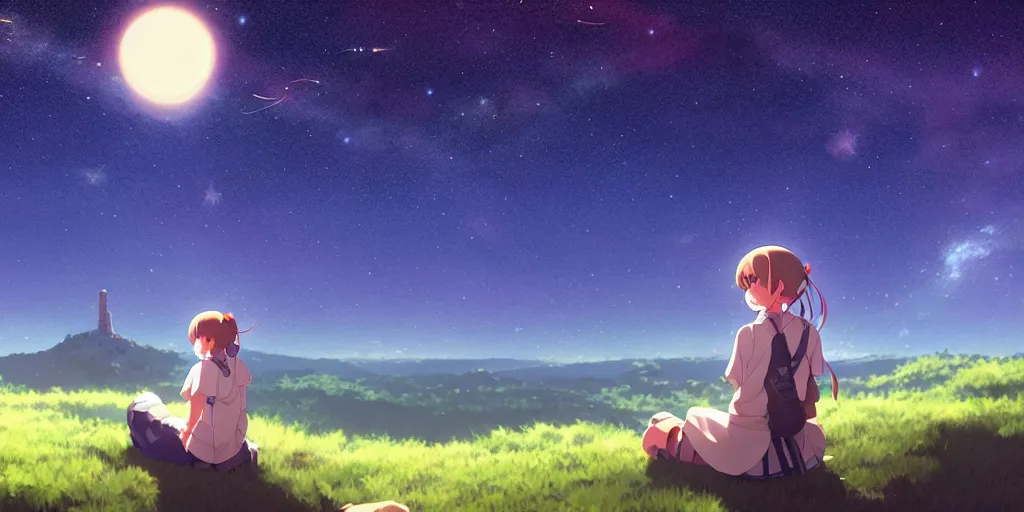 Image similar to a schoolgirl girl sat on the hillside and looked at the stars in the night sky, midnight, spectacular milky way, shining meteor, official media, anime key visual, detailed, artwork by makoto shinkai. - h 5 7 6