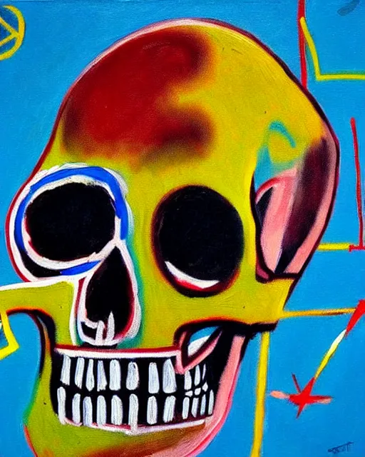 Prompt: detailed geometric oil painting of a terrified scientist skull skeleton by basquiat