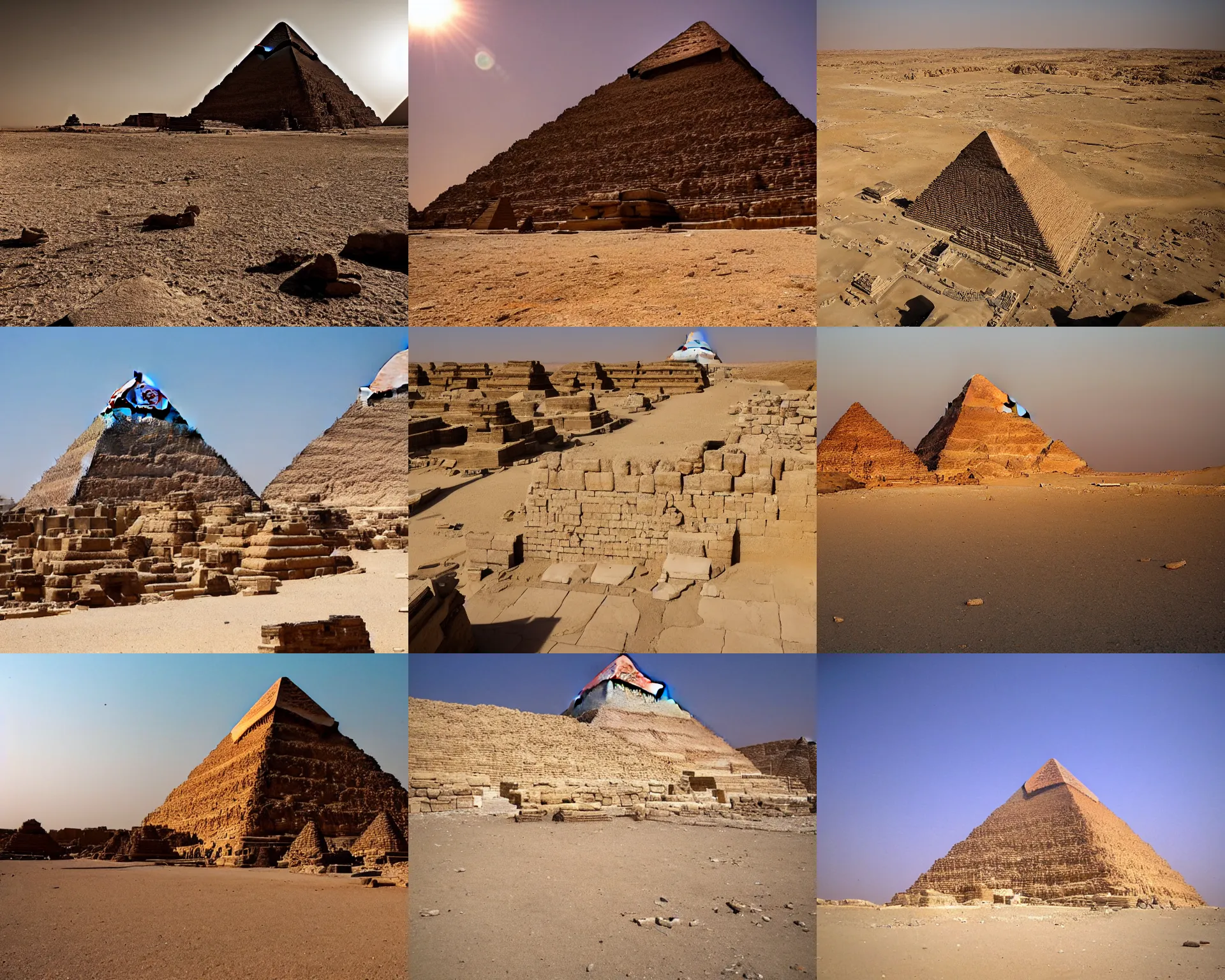 Prompt: The sun beats down mercilessly on the ancient stone temple, its once-bright colors now faded and bleached by the relentless desert heat. The great pyramid stands as a silent testament to a bygone civilization, its once-mighty peak now reduced to a mere shadow of its former self. But even in its ruined state, the temple still commands a sense of awe and reverence, photo, highly realistic rendered with ray tracing, realistic cinematic lighting, establishing action shot, ultra detailed, hyper realism, film, photograph