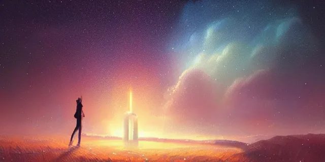 Image similar to a beautiful network of glowing futuristic cubes appears in the sky above a fantasy landscape, atmospheric lighting, intricate, volumetric lighting, beautiful, sharp focus, ultra detailed, in the art style of bowater charlie, brom gerald, astrophotography