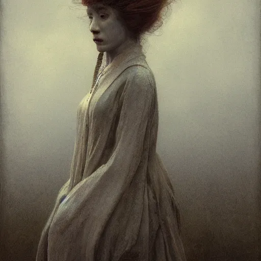 Prompt: style by millais, ( ( ( ( ( ( ( ( by beksinski ) ) ) ) ) ) ) ), portrait painting of victorian era yokai, 8 k, haunting, highly detailed, octane render, by millais,